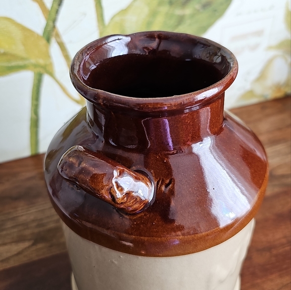 Unique Vintage Ceramic Milk Jug Crock w/ Handles 7" x 5" Glazed Ceramic Can - Picture 3 of 13